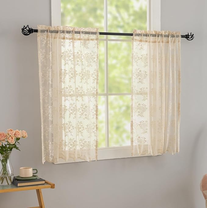 YJ YANJUN Vintage Lace Curtains 30 Inch Length- Cottage Floral Short Beige - Image 3