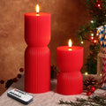 Red Christmas Ribbed Flameless Pillar Candles with Remote Set of 2