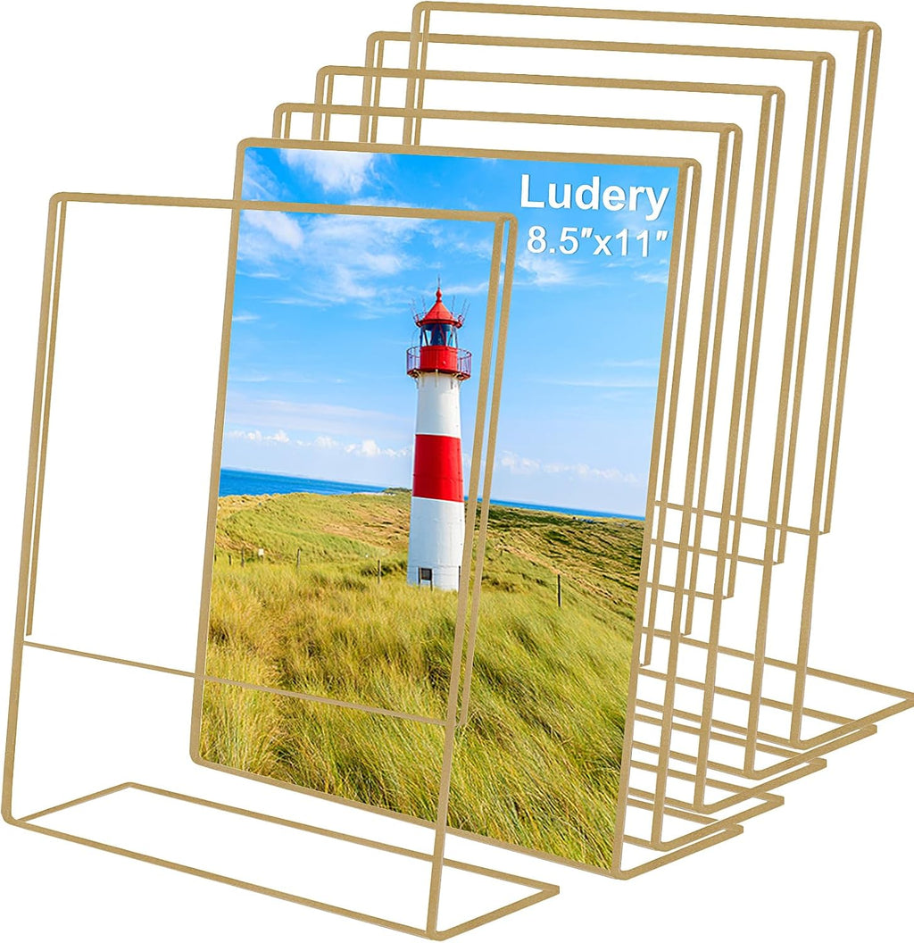 8x10 Gold Picture Frames, Clear Frameless Picture Frames, 6 Pack Acrylic Self Standing Photo Frames for Wedding Table Numbers, Restaurant Signs, Photos and Art Display