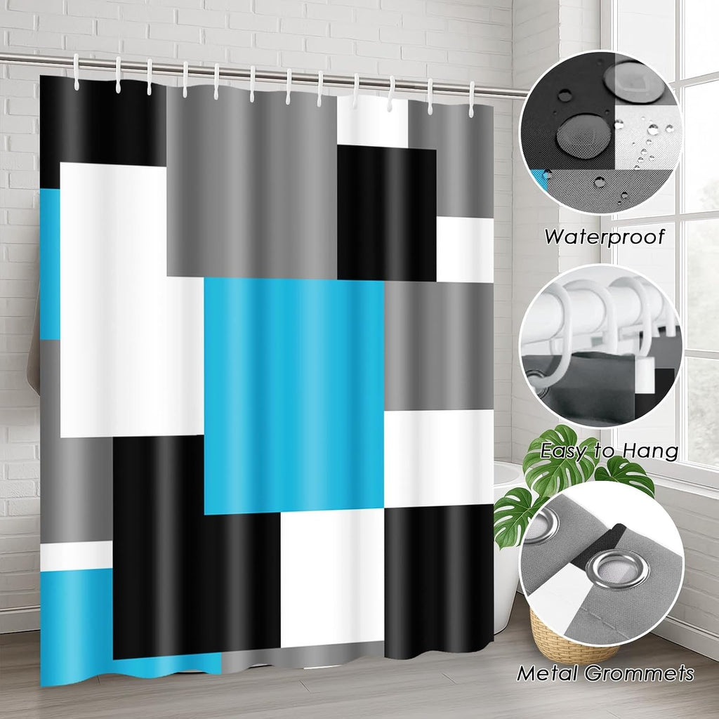 Bathroom Sets with Shower Curtain and Rugs, Set of 4 Blue Geometric