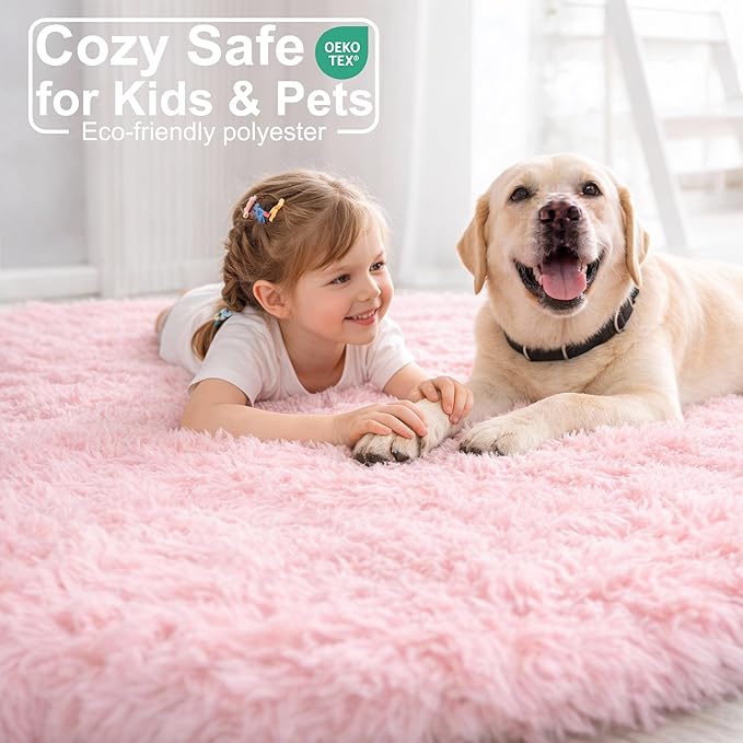 Pink Fluffy Round Rug 5Ft for Girls Bedroom Decor Aesthetic, Shaggy Circle Area - Image 3