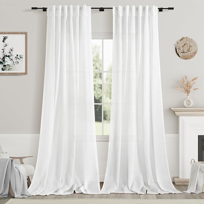 White Linen Sheer Curtains 102 Inches 2 Panels Set Back Tab Rod Pocket Extra by Nanspring