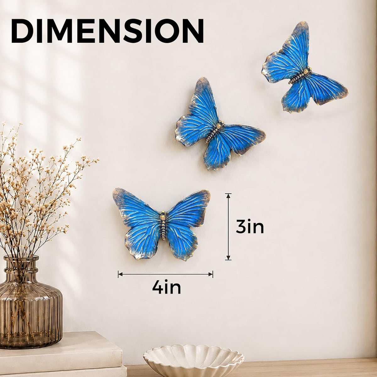 GUSFREUD 3D Butterfly Wall Decor Set – Resin Wall Decor for Living Room, Bedroom, Bathroom, Dining Room, Outdoor and Gallery Walls - Antique Blue - Set of 3