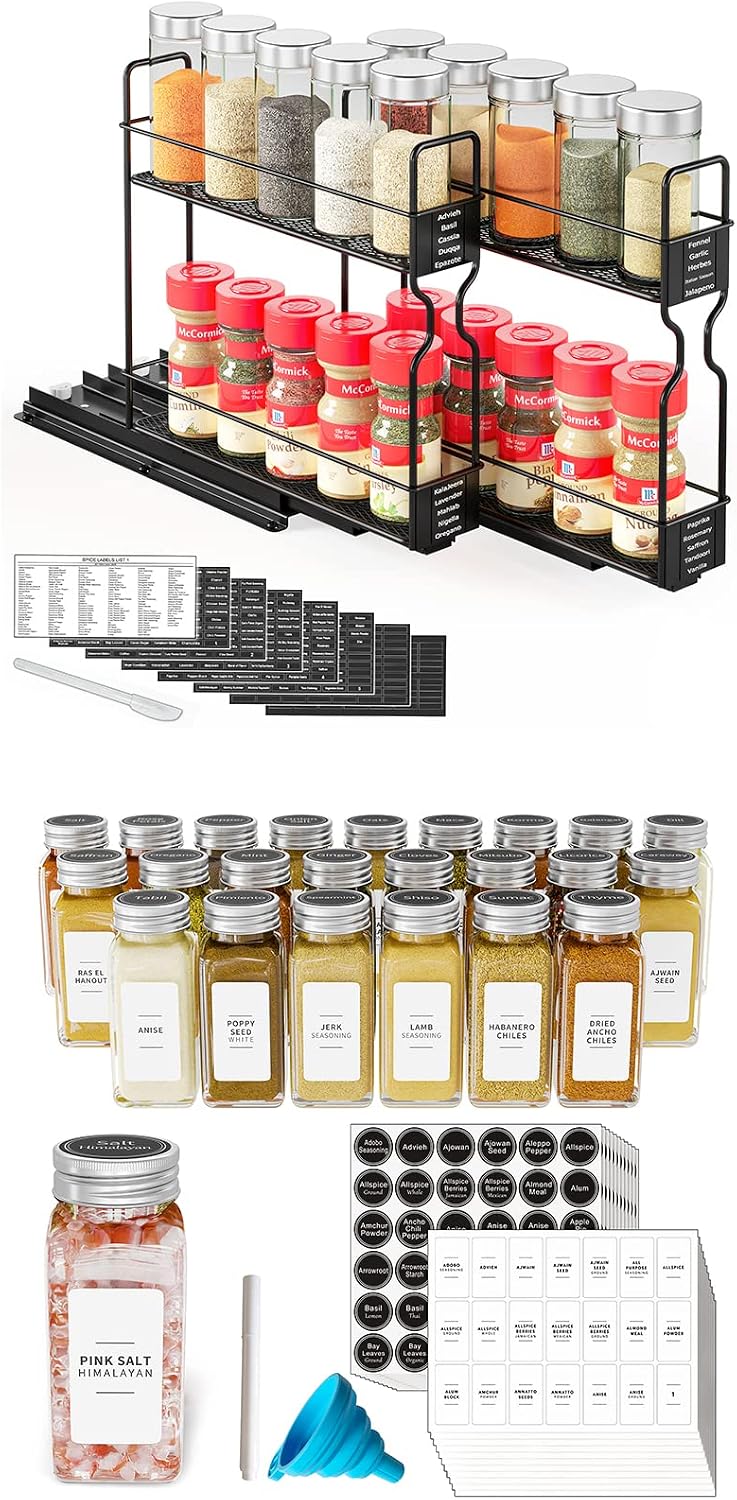 SpaceAid Pull Out Spice Rack Organizer for Cabinet, 2 Drawers 2-Tier, 24 Pcs Spice Jars with Labels