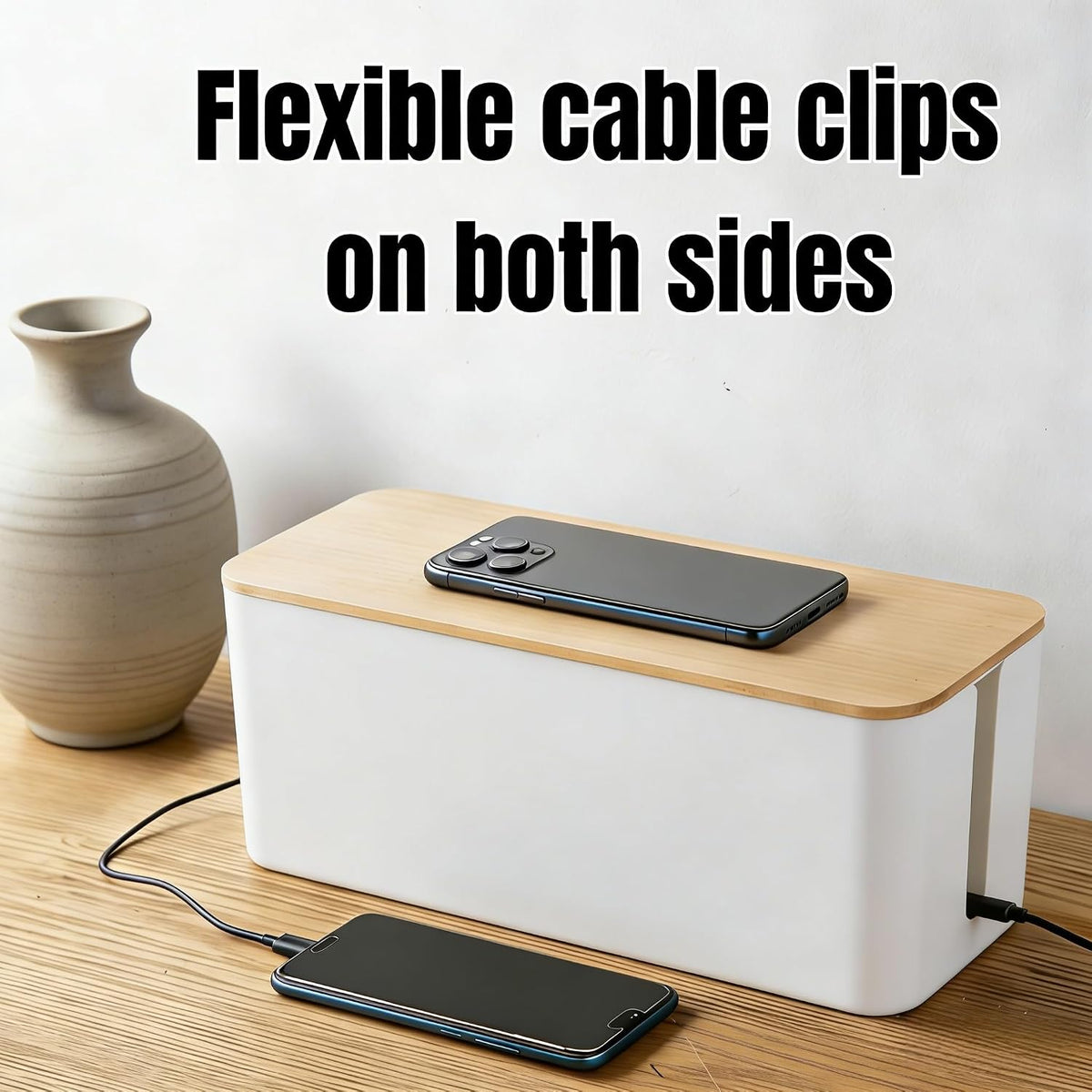 1Large+1Small Cable Organizer Set with 4 Silicone Cable Ties, 2-Piece Cable Management Box, Bamboo Lid Cord Organizer for Home Office,Set of Two Cable Box,Cable Organizer Box(Bamboo lid/White)