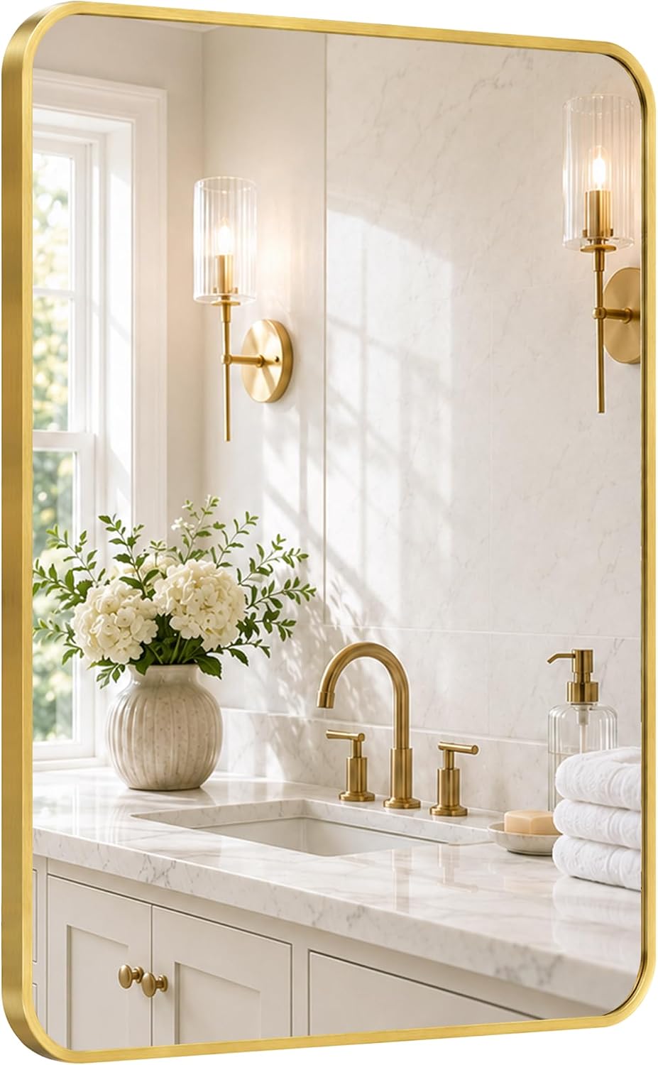 24x36 Inch Brushed Gold Rounded Rectangle Bathroom Vanity Mirror