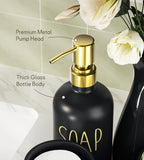 Black Bathroom Accessories Set with Tray, 6pcs Matte Black Bathroom Accessory Sets, Glass Soap Dispenser and Toothbrush Holder Set, Qtip Holder, Ceramic Flower Vase, Bathroom Set Decor