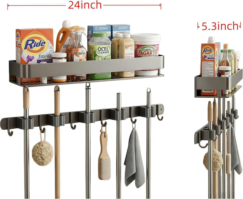 24 Inch Mop and Broom Holder Wall Mount, Broom Hanger Organizer with Hooks