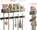 24 Inch Mop and Broom Holder Wall Mount, Broom Hanger Organizer with Hooks