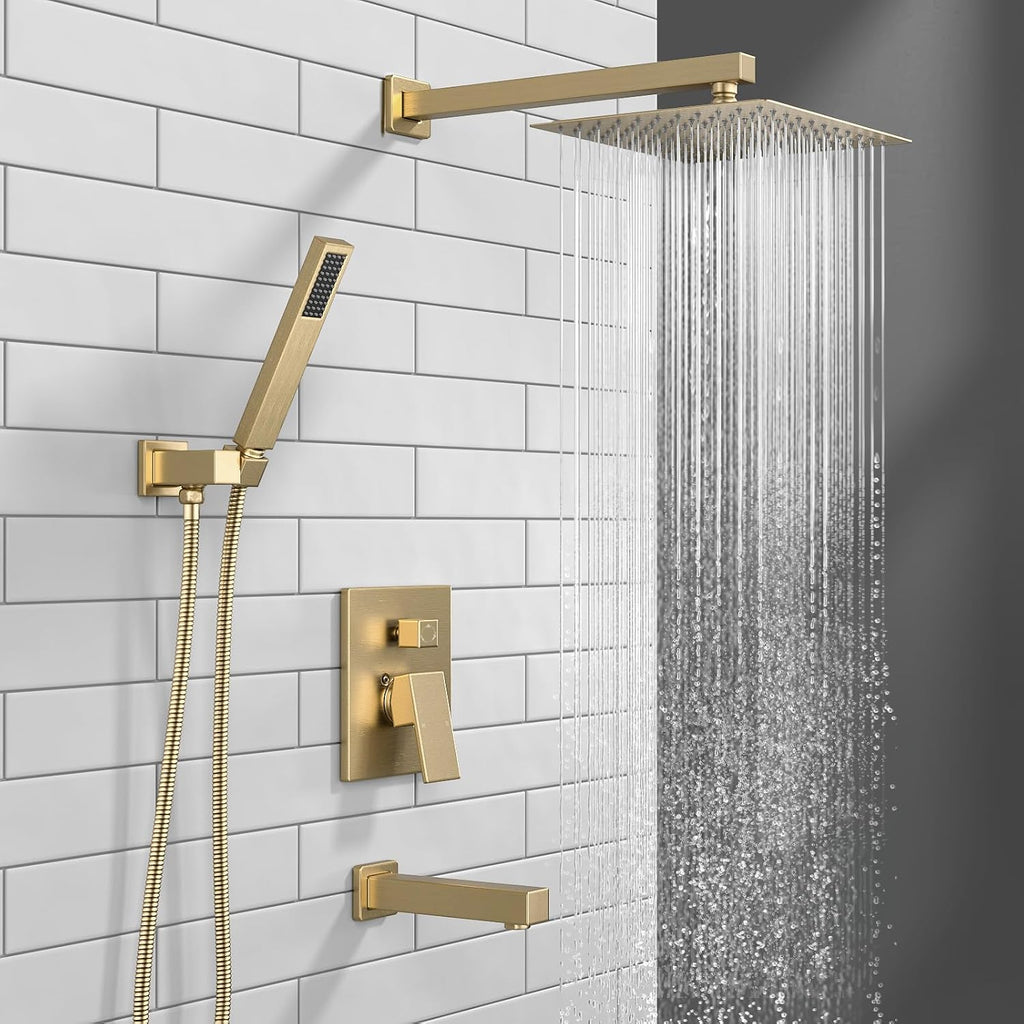Lava Odoro Modern 3-Setting Square Shower and Tub Faucet Set with Shower Head and Handheld Sprayer Gold, Rainfall Shower System with Tub Spout, Shower Valve Trim Kit, Champagne Gold, SF103-CB-T