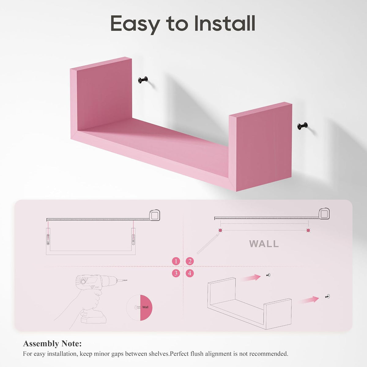 SRIWATANA Pink Floating Shelves, Set of 5 Solid Wood Wall Mounted Shelves