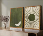 Framed Boho Sun and Moon Canvas Wall Art Set of 2, Vintage Sage Green Bohemian Pictures Wall Decor, Mid Century Modern Abstract Minimalist Paintings Prints for Living Room Bedroom Office 16x24 inch