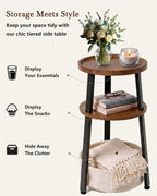 Small Round Side Table, 3-Tier End Table with Storage Basket