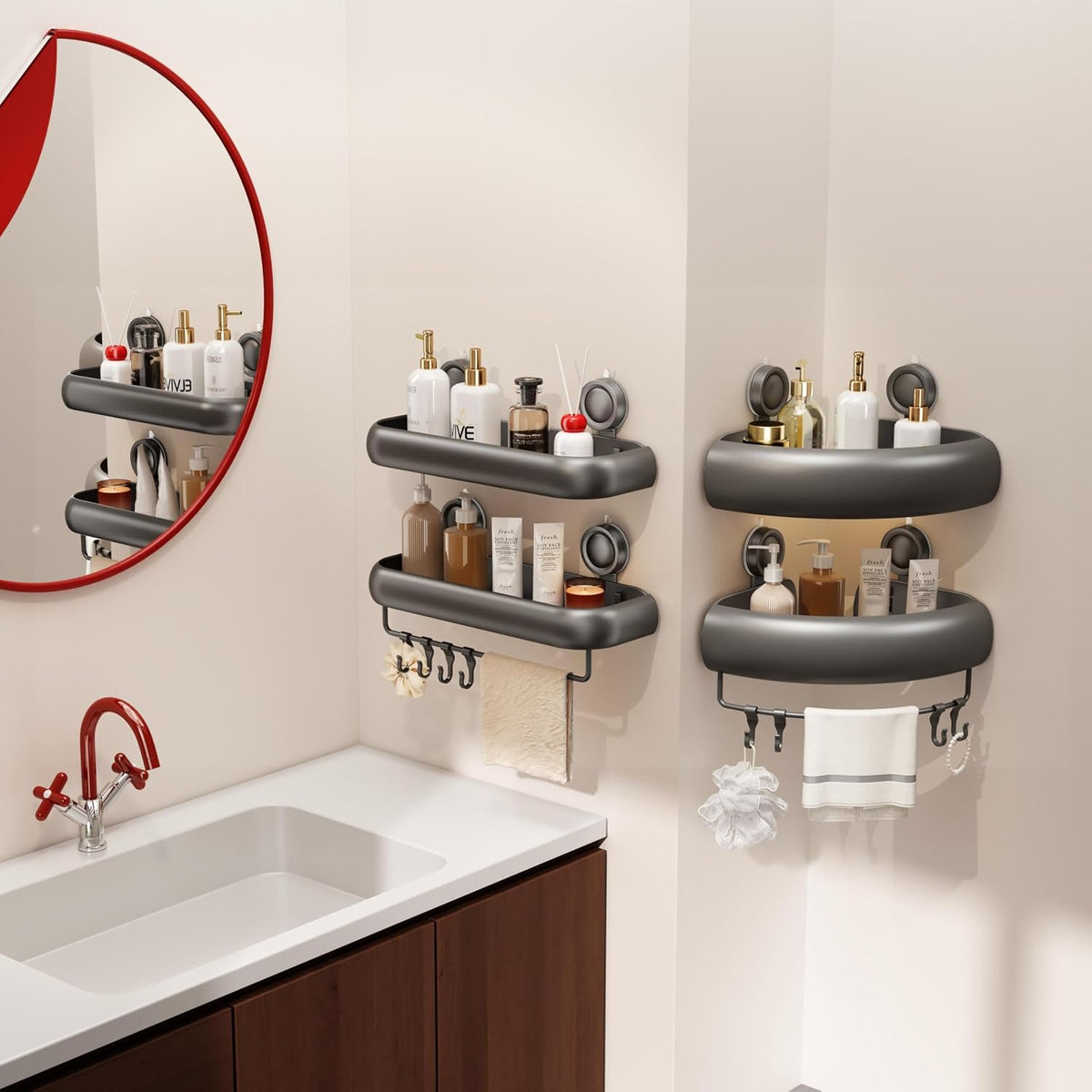 Shower Caddy Suction Cup, 2 Pack No Drilling Corner Shower Shelves, Rust Proof Bathroom Storage Organizer, Shower Corner Caddy with Removable Hooks and Towel Bar, Square, Grey
