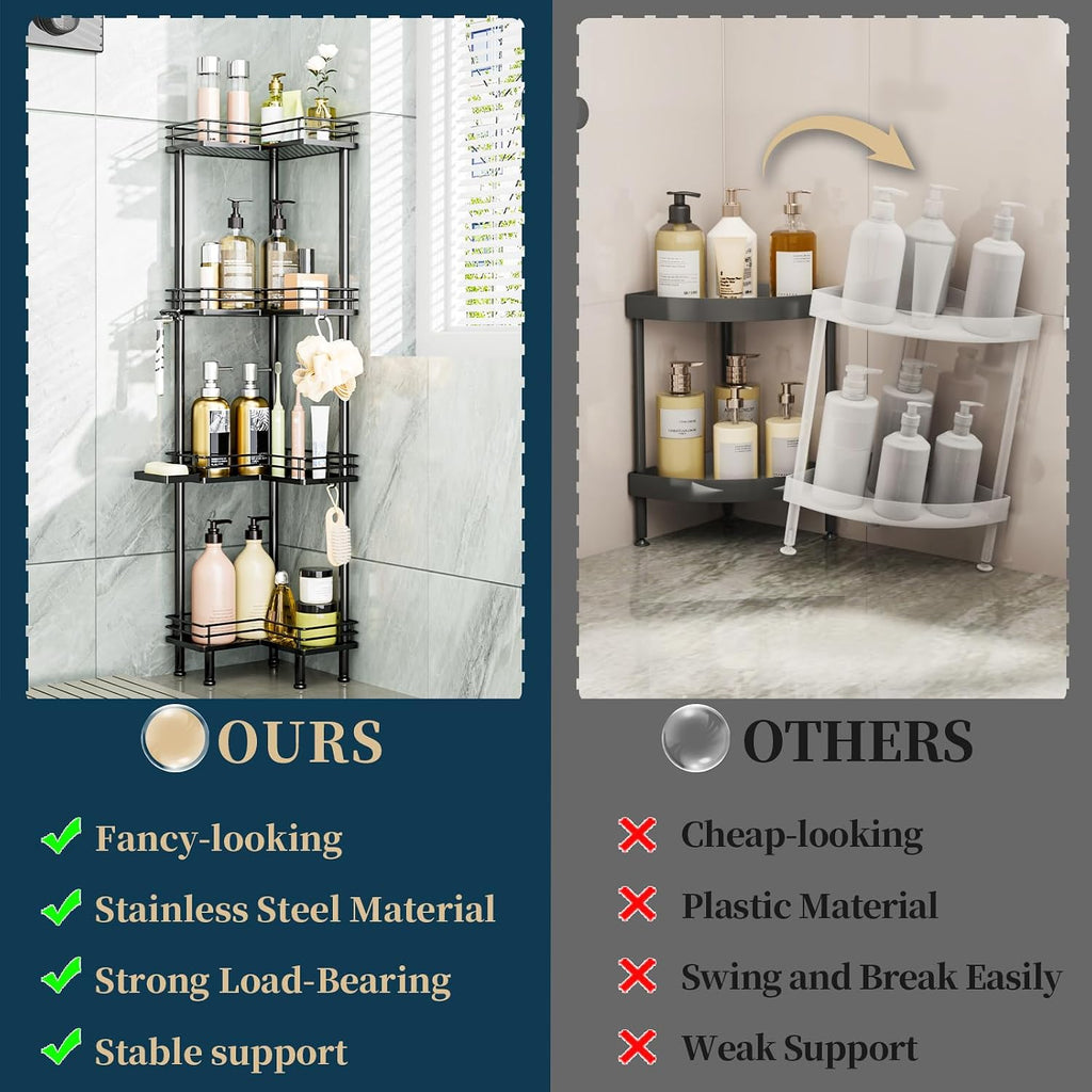 Corner Shower Caddy Standing - 4-Tier Stainless Steel Shower Organizer with Soap Holder and 4 Hooks, Large Capacity Corner Shelf Stand for Bathroom, Rest Room, Black