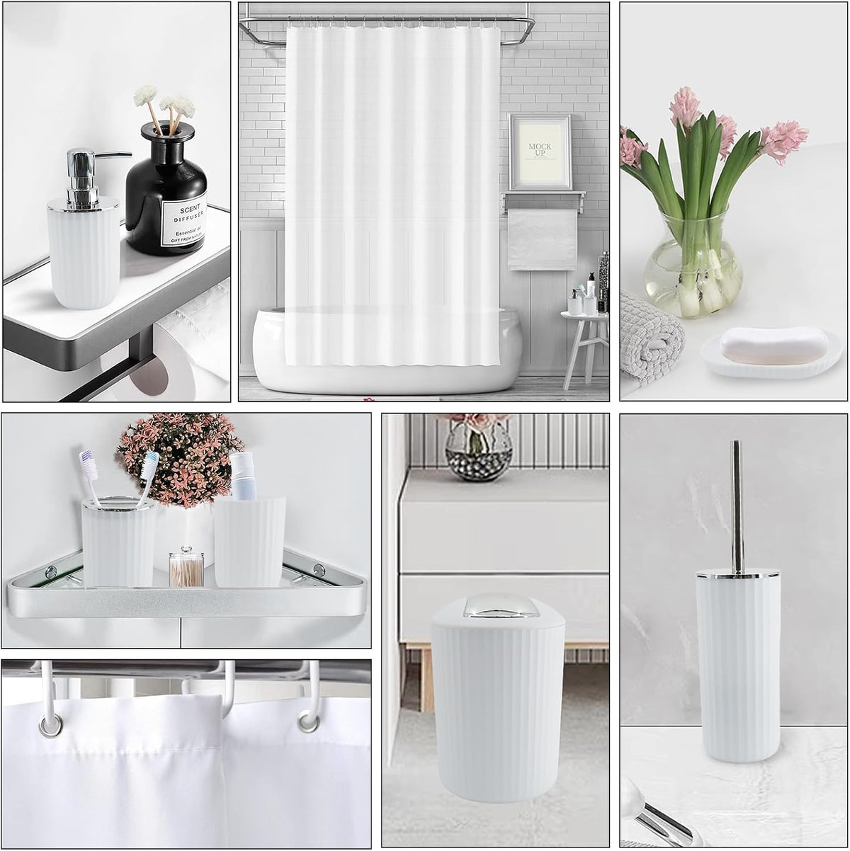 White Bathroom Accessories Set, 10Pcs Bathroom Accessory Sets Complete with Trash Can, Shower Curtain, Vanity Tray, Soap Dispenser, Soap Dish, Toothbrush Holder&Cup, Toilet Brush&Holder, Qtip Holder