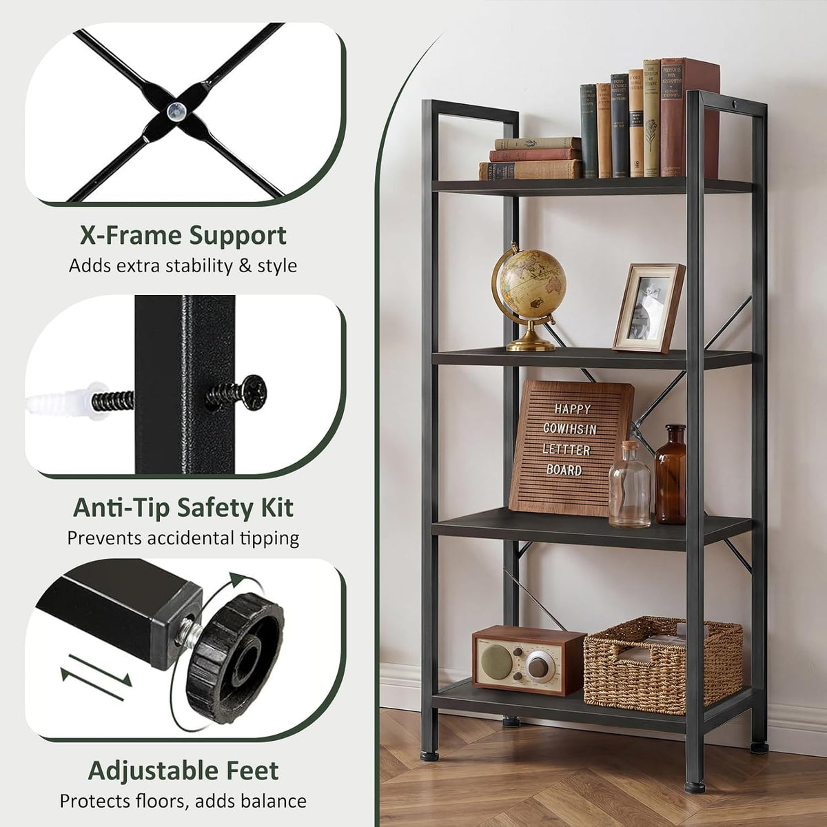 4 Tier Bookshelf, Free Standing Bookcase with Open Storage Shelves
