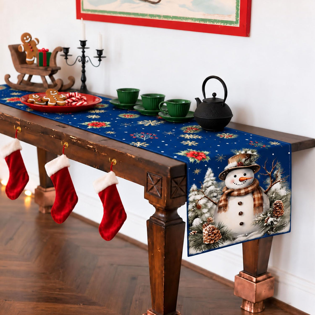 Xmas Snowman Table Runner Home Party Decor Christmas Snowflake Winter Seasonal Table Decoration for Dining Party Holiday Indoor Outdoor Decor 13x90 Inch