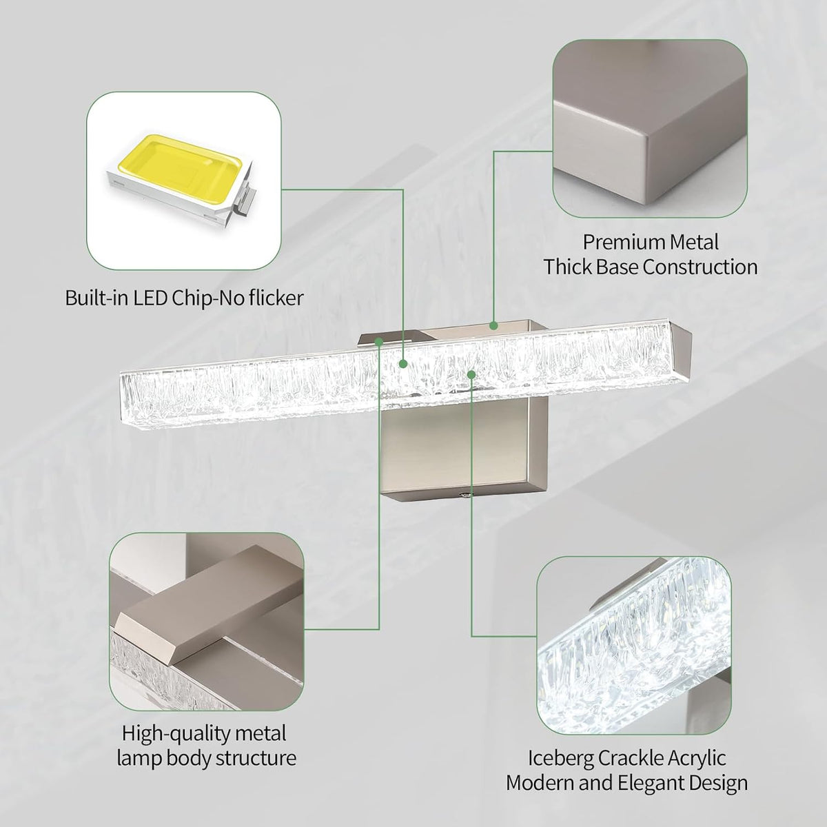 16 Inch Brushed Nickel LED Bathroom Vanity Light Fixtures, Iceberg Crushed Acrylic Modern Wall Sconce Lighting Over Mirror, 5500K Cool White Linear Vanity Lamp for Mirror Cabinet Powder Room