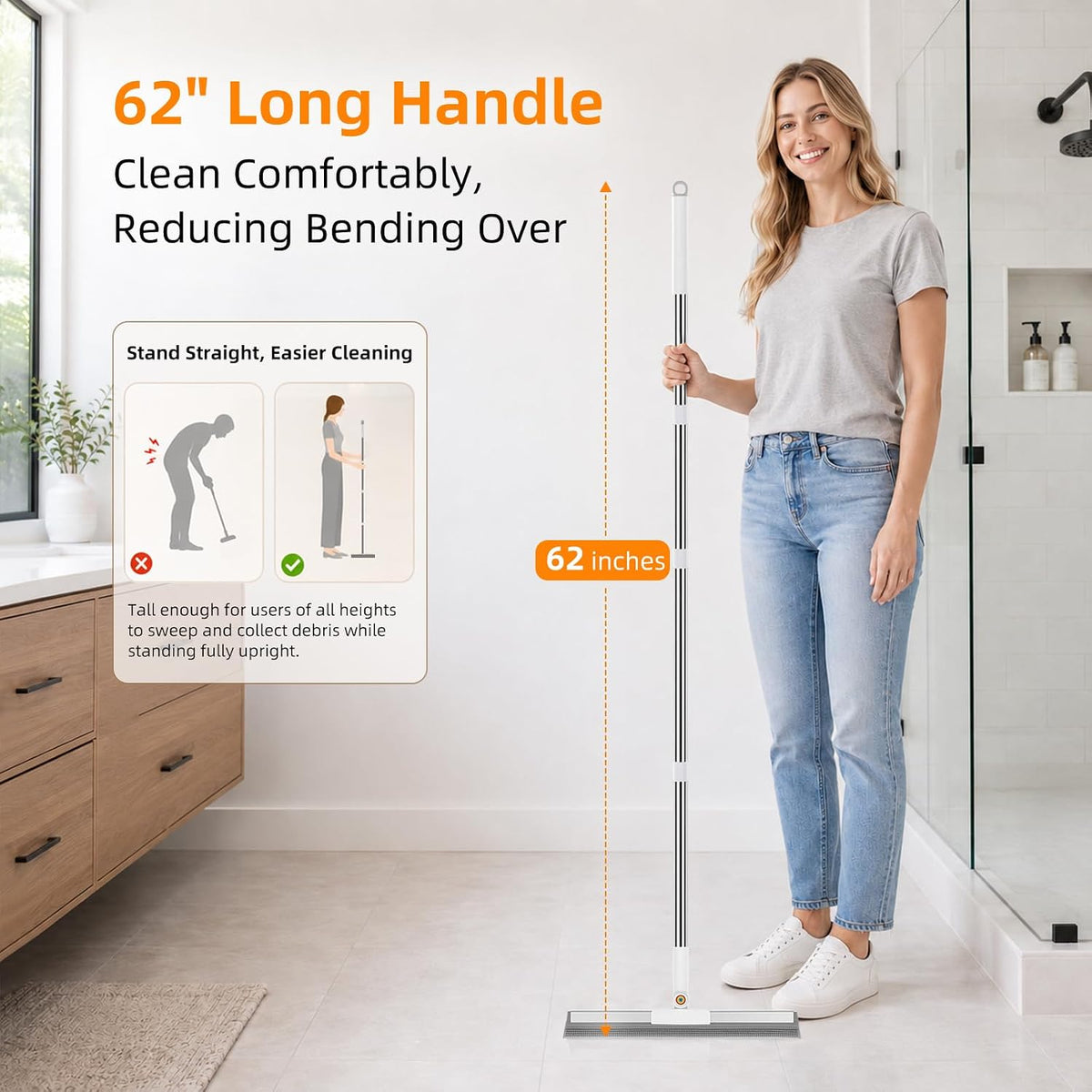 Floor Squeegee Broom, 62" Long Handle with 2 Washable Microfiber Pads
