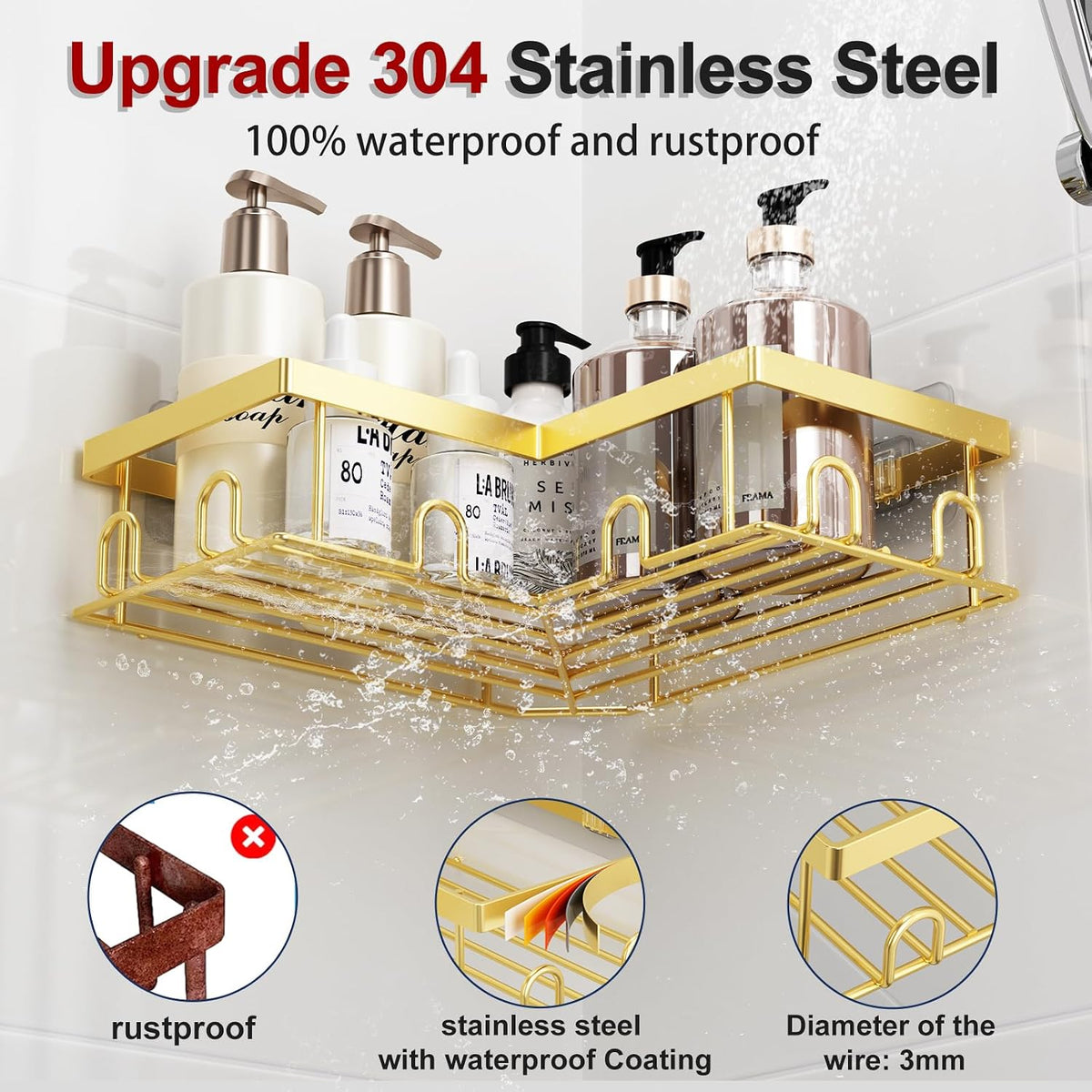 Corner Shower Caddy, 5 Pack Adhesive Stainless Steel Organizer, Gold
