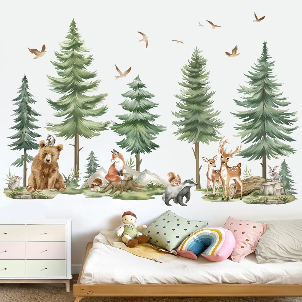 wondever Mountain Tree Wall Decals Forest Animals Bear Deer Wall Stickers