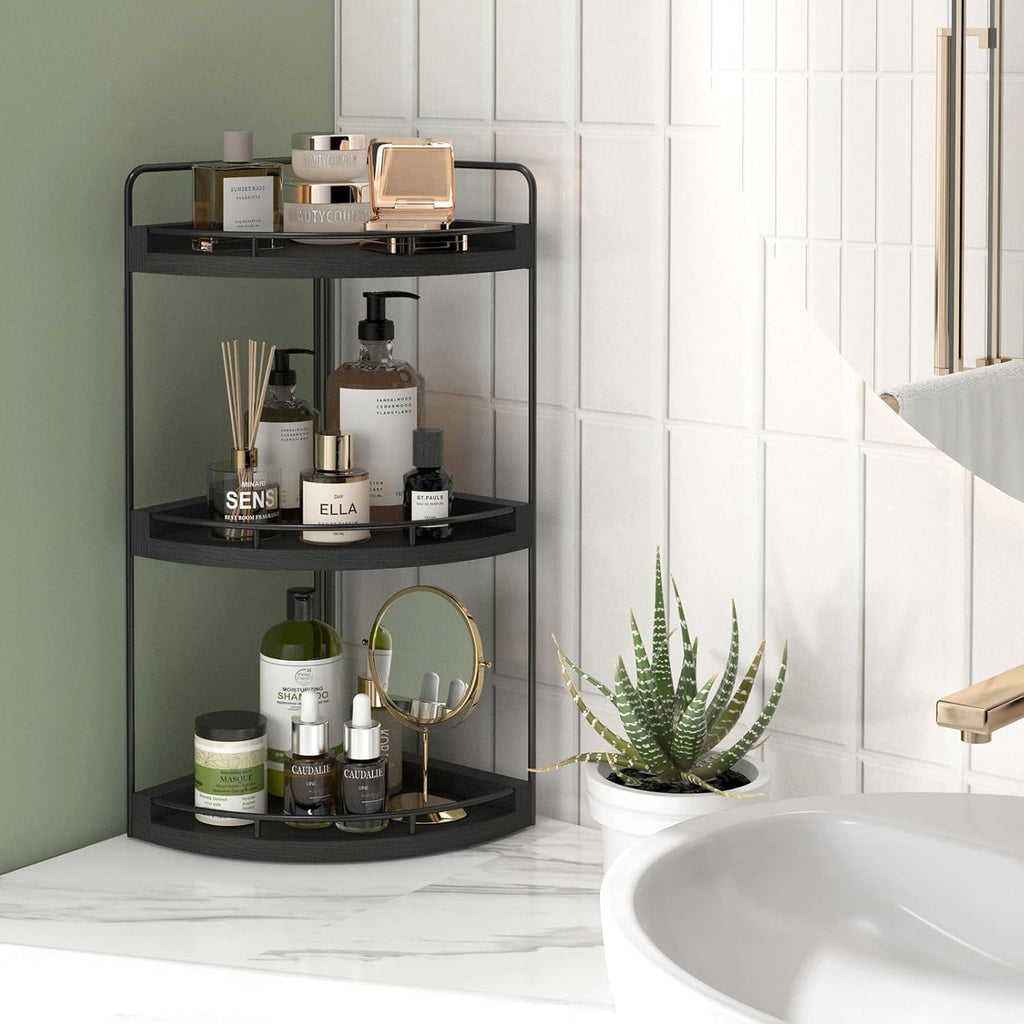 Fixwal 3 Tier Corner Bathroom Countertop Organizer Vanity Wood Shelf Black