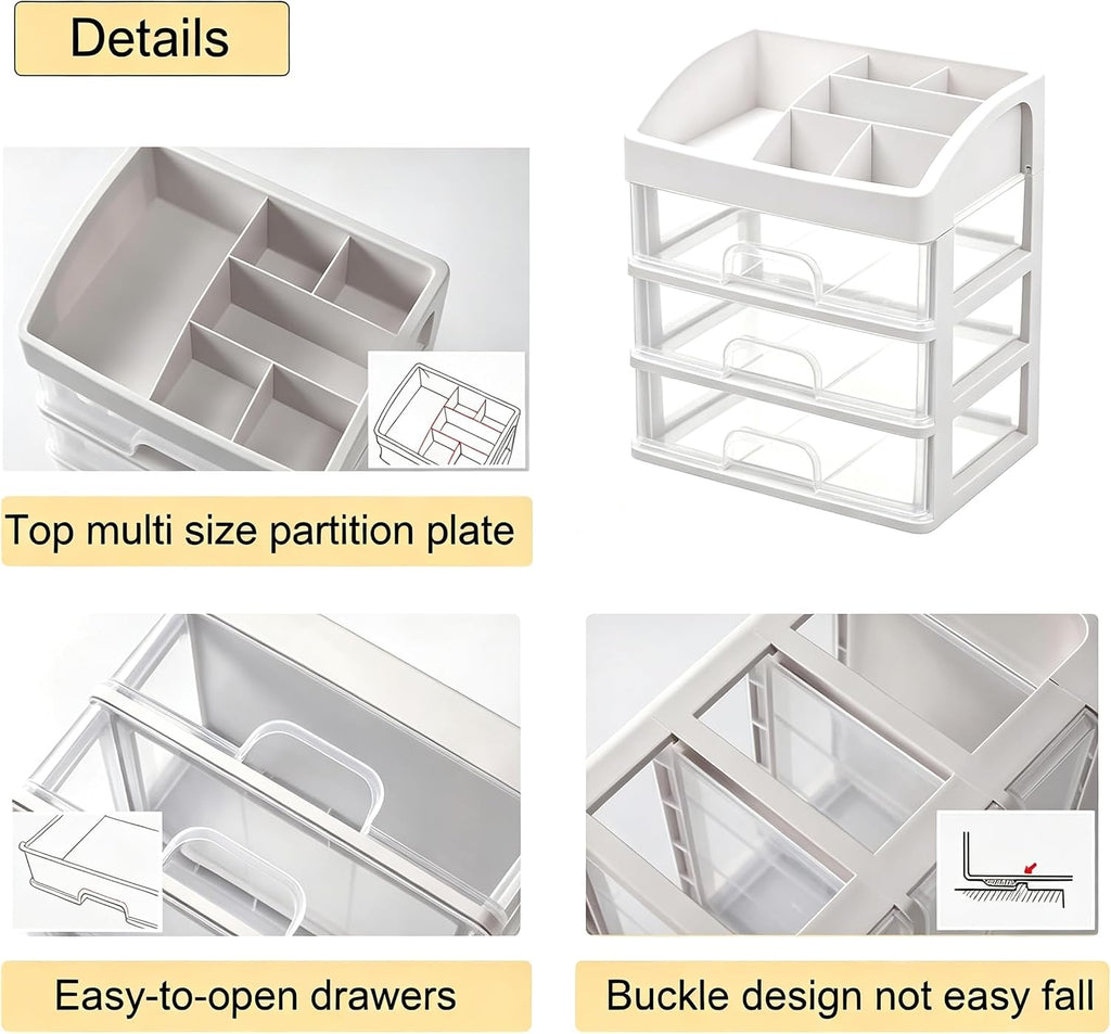 Makeup Organizer with 3 Drawers Plastic Storage for Vanity Cosmetic Display Cases Large Capacity Bathroom Countertop Plastic Storage for Skin Care Products(Arc Type)