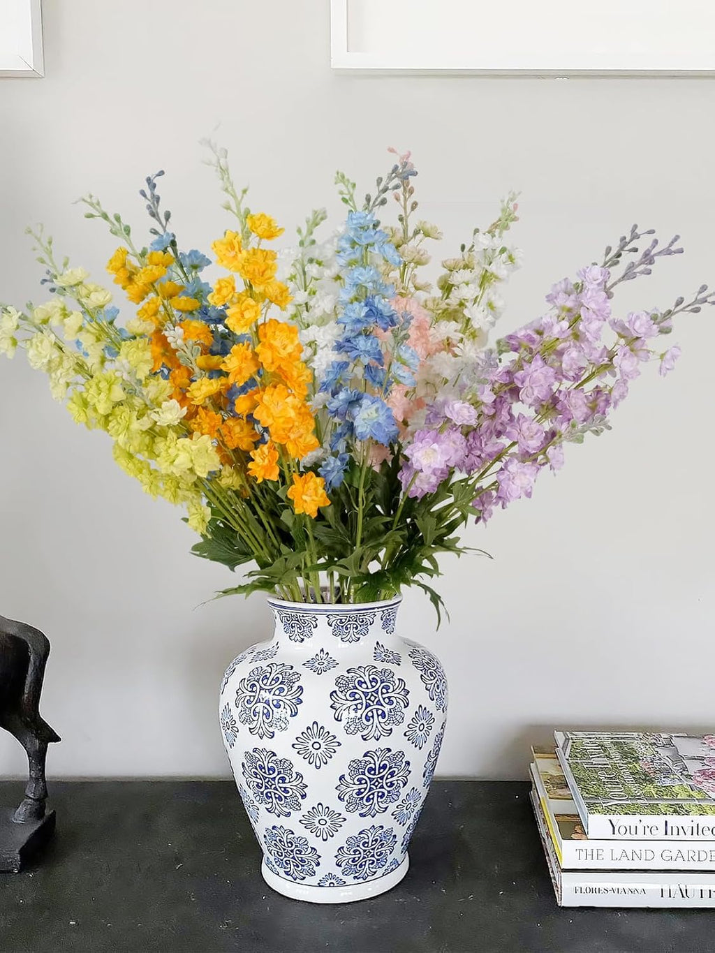 JINWOE 4Pcs Blue Delphinium Artificial Flowers, 34'' Lifelike Faux Larkspur Silk Flowers,Long Stem Fake Delphinium Plant Flower for Tall Floor Vase Outdoor Bouquet Home Table Kitchen Decor