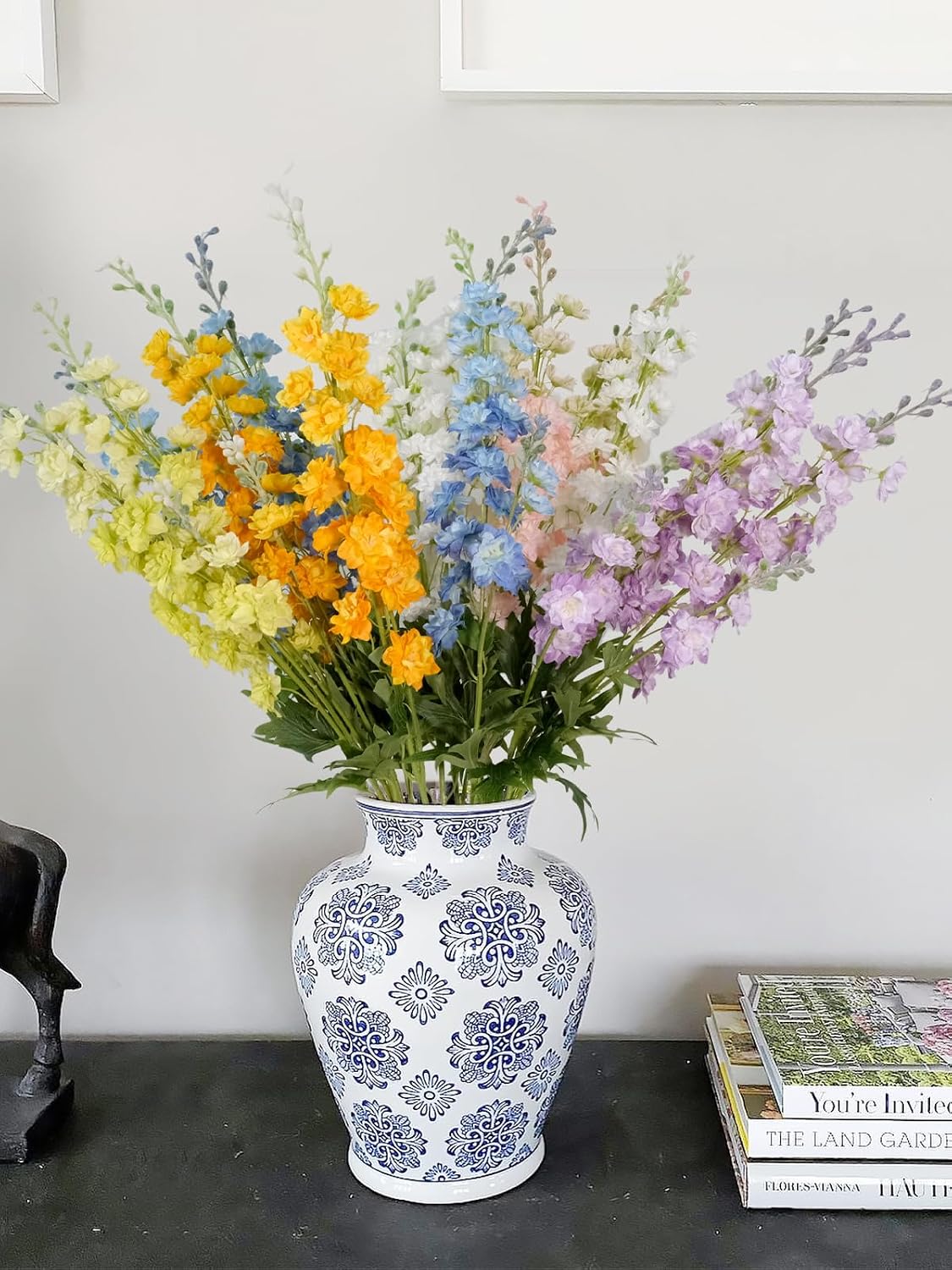 JINWOE 4Pcs Blue Delphinium Artificial Flowers, 34'' Lifelike Faux Larkspur Silk Flowers,Long Stem Fake Delphinium Plant Flower for Tall Floor Vase Outdoor Bouquet Home Table Kitchen Decor