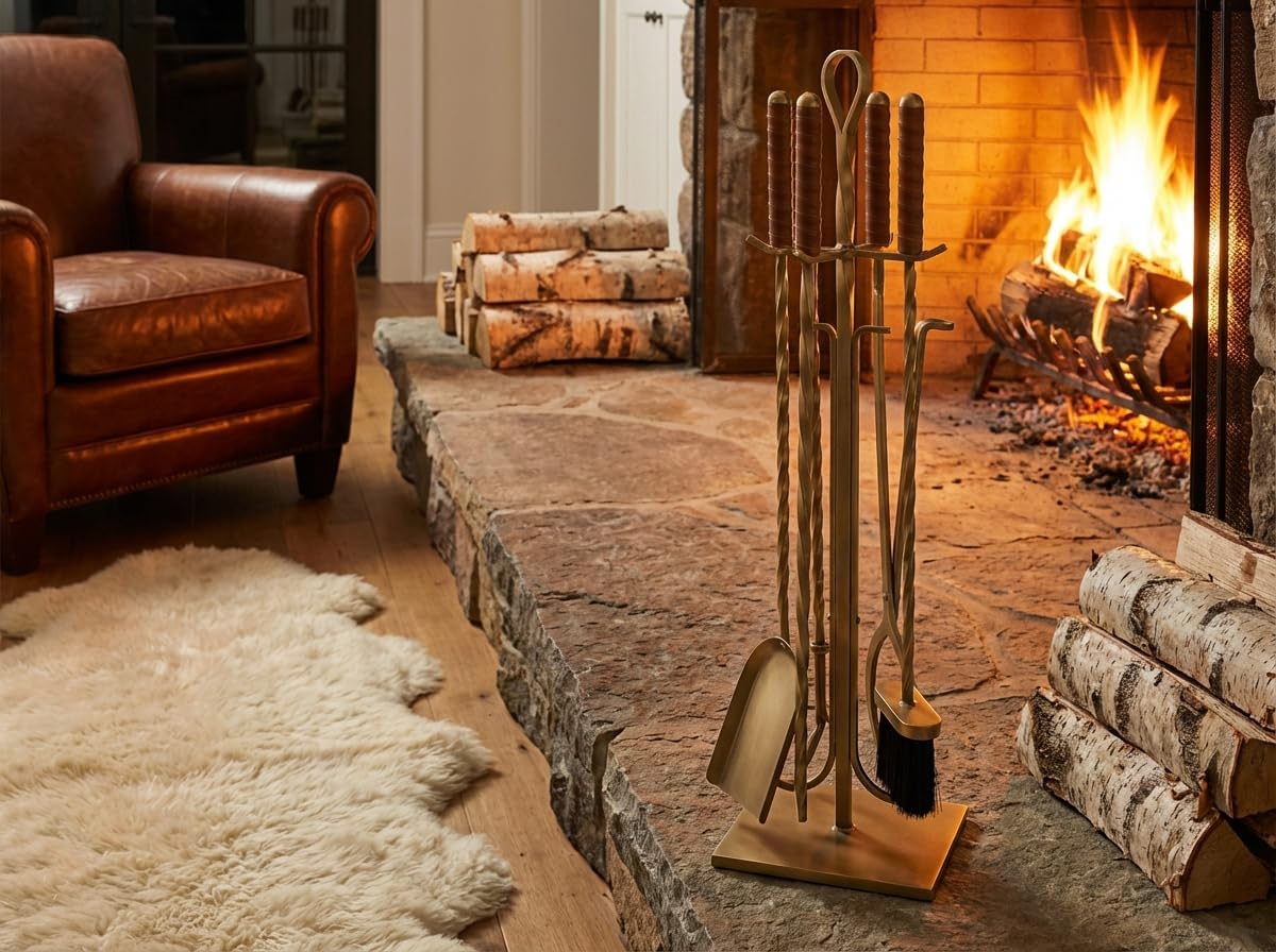 Premium 5-Piece Fireplace Tool Set with Genuine Leather Handles – Antique Brass Finished Wrought Iron – Heavy Duty Hearth Accessories: Poker, Shovel, Brush, Tongs, and Pedestal Stand