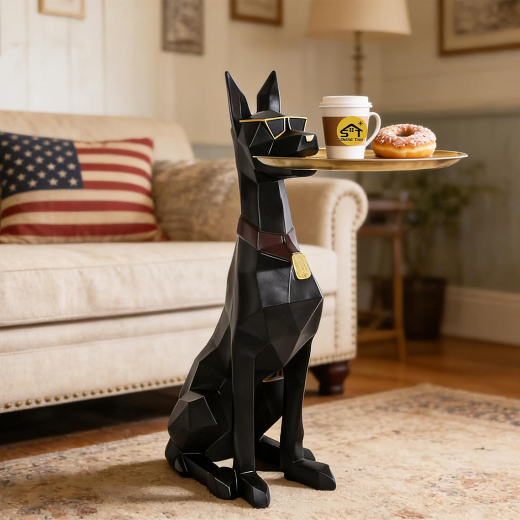 29-Inch Black Resin Geometric Doberman Statue with Tray, Dog Side Table