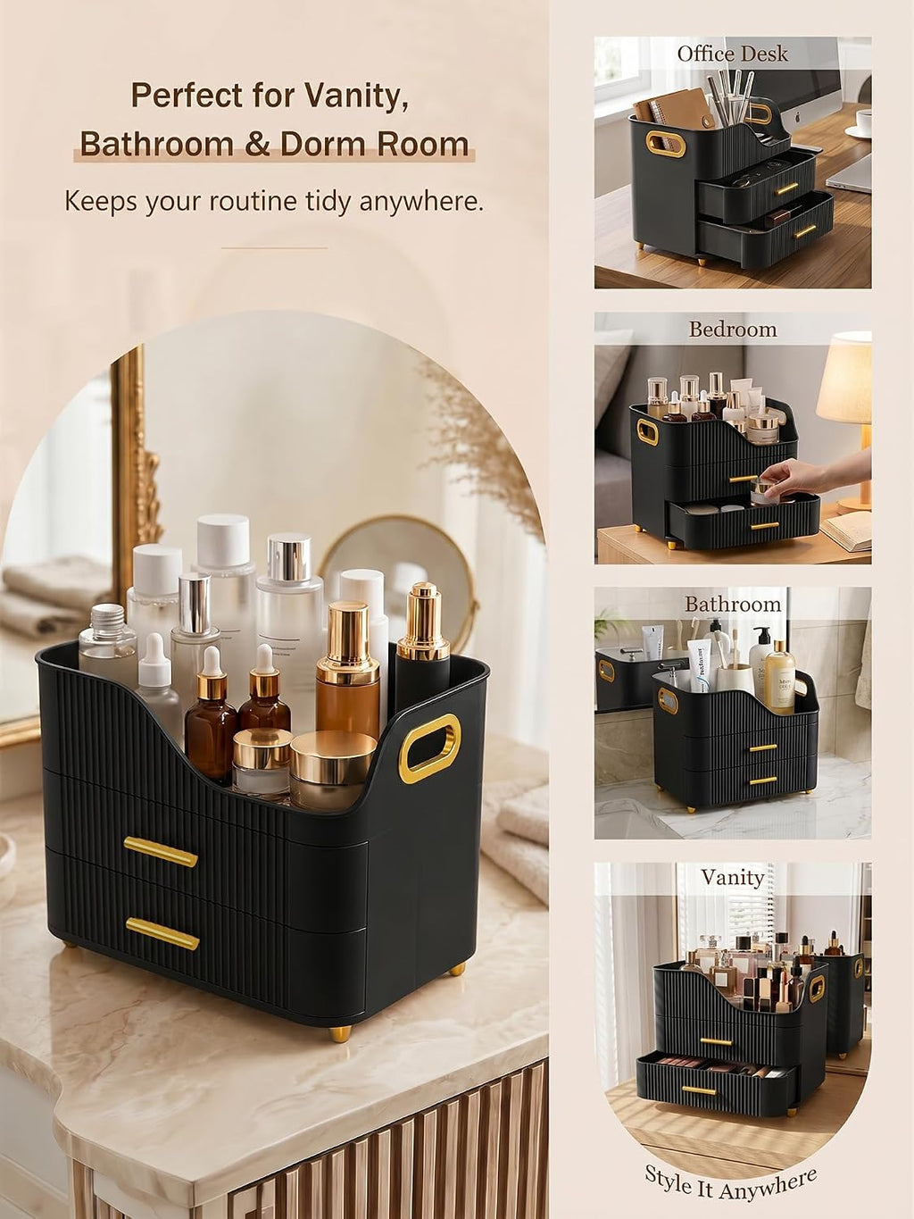 Large Makeup Organizer for Vanity, Bathroom Countertop, Black