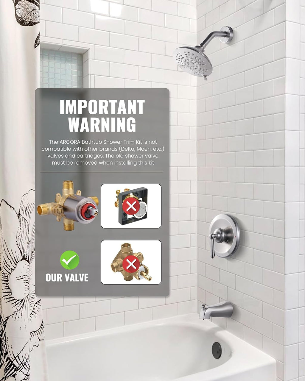 Bathtub Shower Faucet Set with Valve, 6-Inch Showerhead and Tub Spout