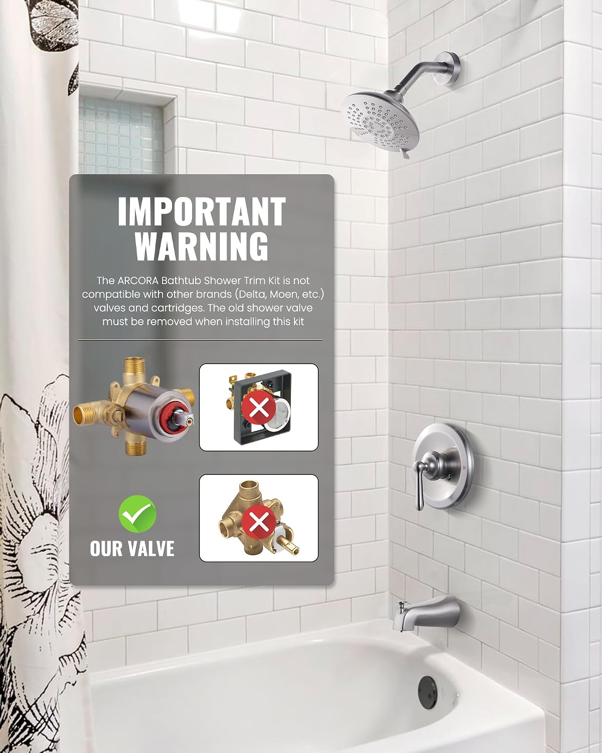 Bathtub Shower Faucet Set with Valve, 6-Inch Showerhead and Tub Spout