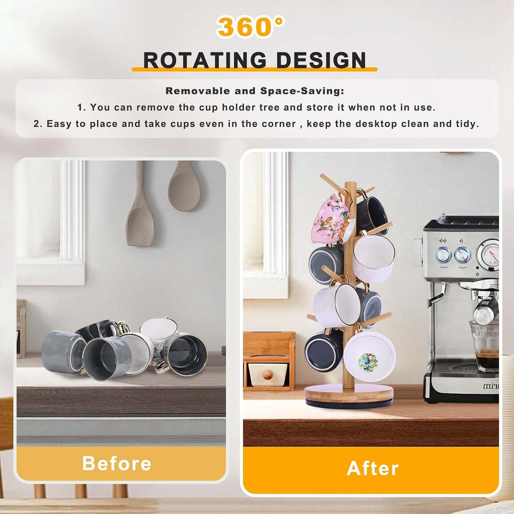 Mug Holder Tree, Upgraded 360° Rotated 8 Hooks Coffee Mug Holders for Counter, Bamboo Mug Rack Stand for Coffee Bar Accessories