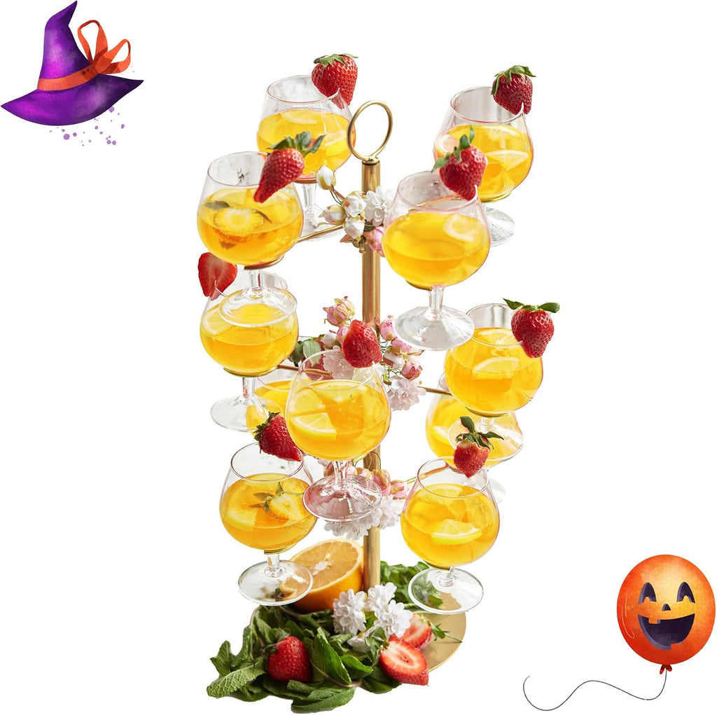 Cocktail Tree Stand, Metal Drink Champagne Tower, 3 Tier - 12 Holders For Mimosa Bar, Martini, Wine, Margarita Glass Cups (Pink)