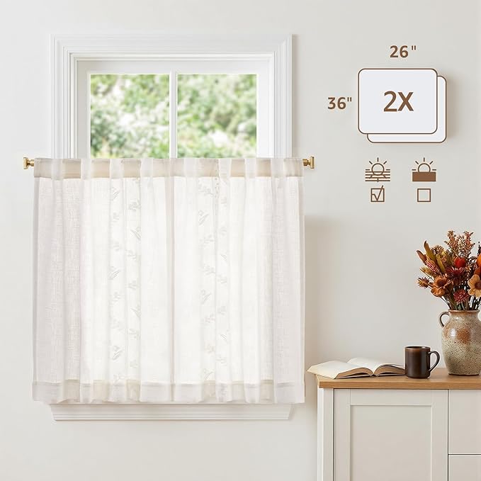 jinchan Belrose Linen Floral Kitchen Curtains 36 inch Length Embroidered - Image 5