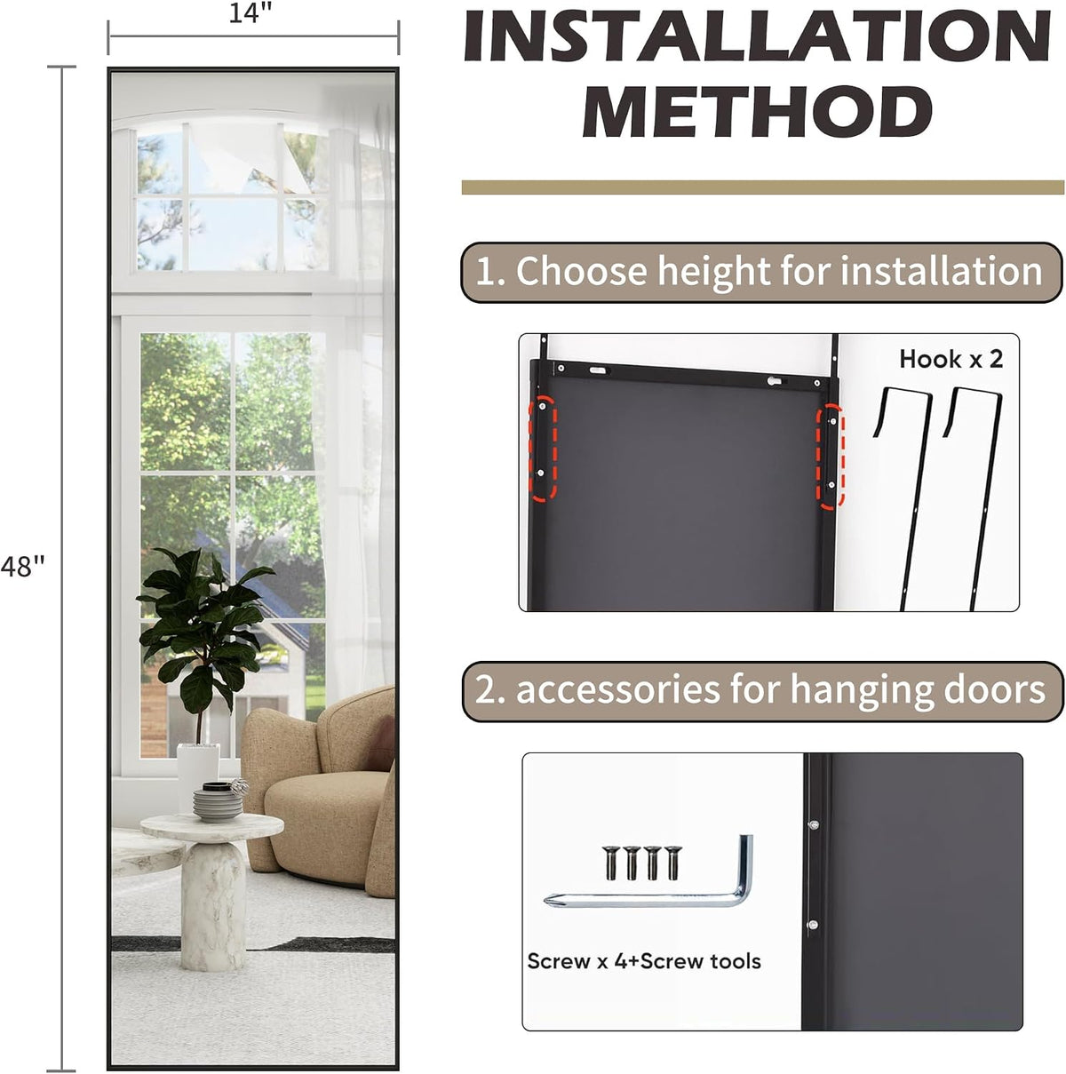 48"x 14" Over the Door Mirror Full Length, Full Body Mirror, Black