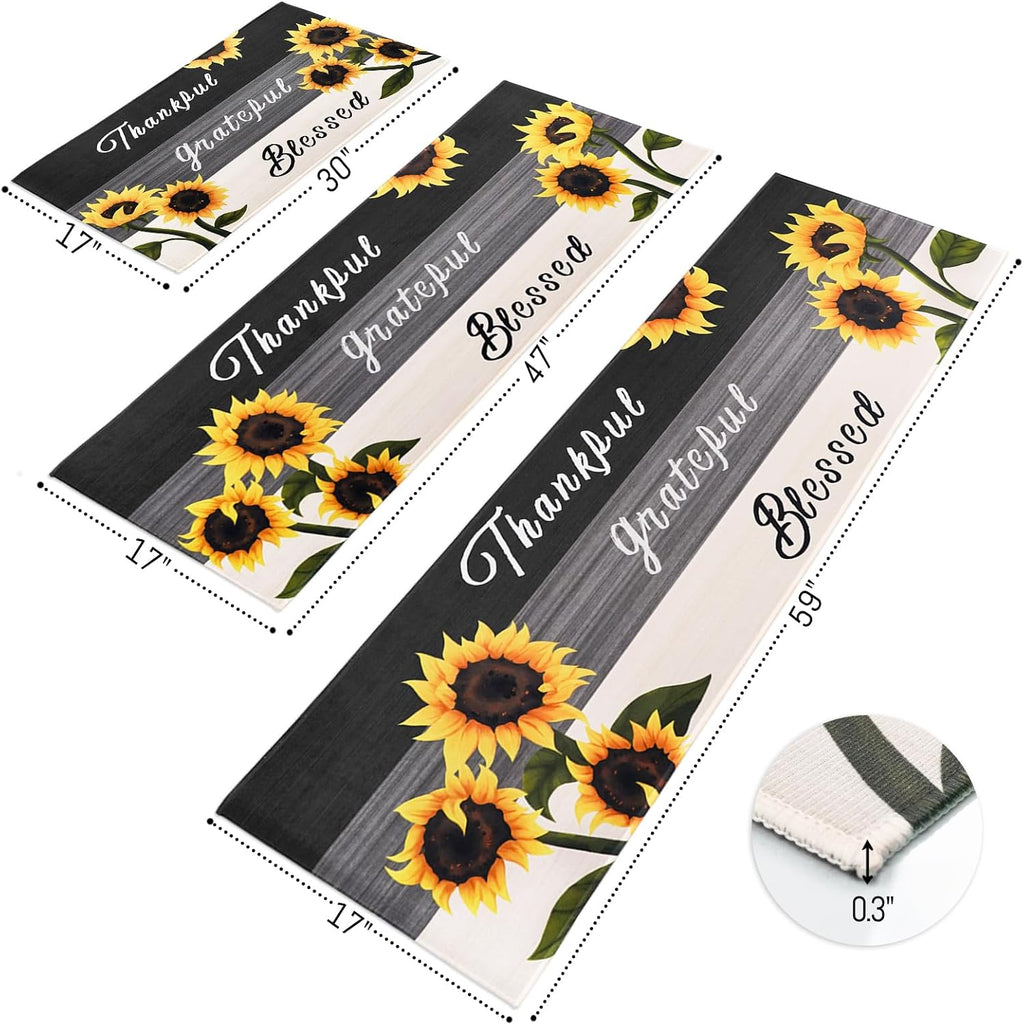 Sunflower Kitchen Mat Set of 3, Kitchen Decor and Accessories(Black White)