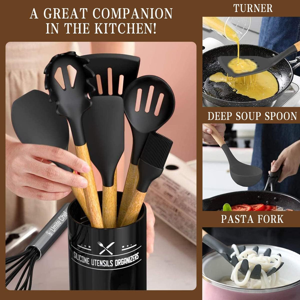 Umite Chef Kitchen Cooking Utensils Set, 33 pcs Non-Stick Silicone Cooking Kitchen Spatula Set with Holder, Wooden Handle Silicone Kitchen Gadgets Utensil Set (Black)