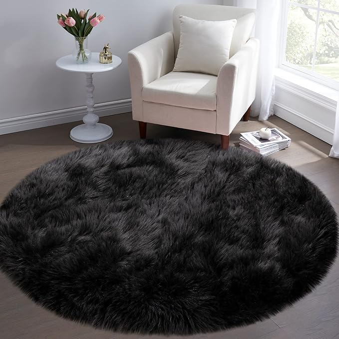Faux Fur Rug for Bedroom, Small Furry Circle Rugs 3X3, Soft Shag Circular Rug - Image 2