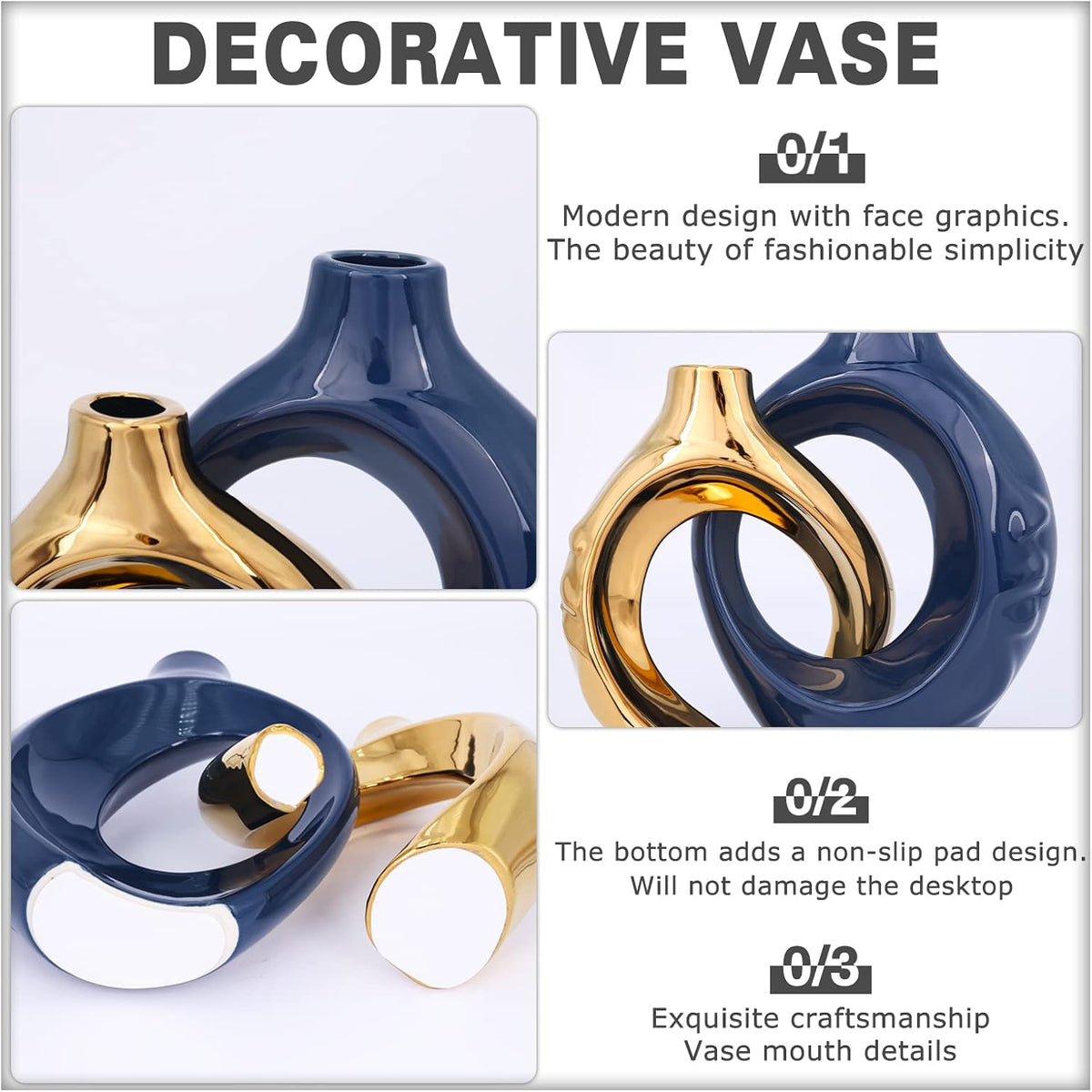 Navy Blue Home Decor Ceramic Vase, Navy Blue Gold Vase with Holes Set of 2