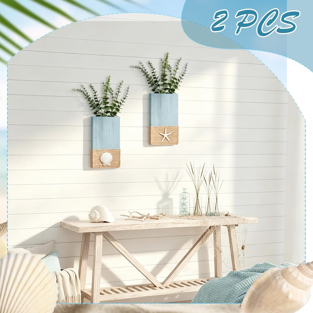 2 Pcs Beach Rustic Wood Wall Planter Vase, Coastal Decor, Seashell, Blue