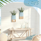 2 Pcs Beach Rustic Wood Wall Planter Vase, Coastal Decor, Seashell, Blue