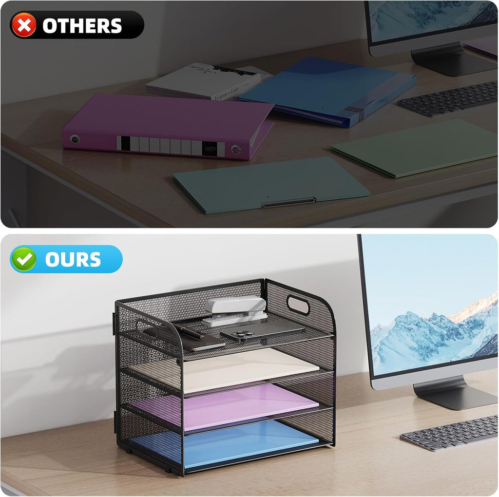 Marbrasse 4 Tier Paper Organizer Letter Tray - Mesh Desk File Organizer with Handle, Paper Sorter Organizer for Letter/A4 Office File Folder Holder (Black, 12.6" x 9.1" x 9.1")