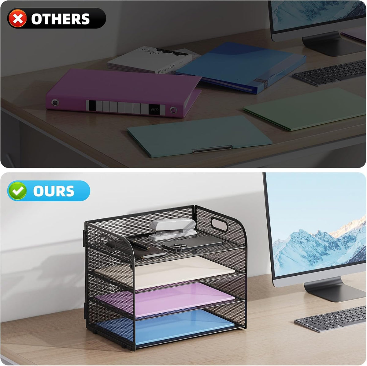 Marbrasse 4 Tier Paper Organizer Letter Tray - Mesh Desk File Organizer with Handle, Paper Sorter Organizer for Letter/A4 Office File Folder Holder (Black, 12.6" x 9.1" x 9.1")