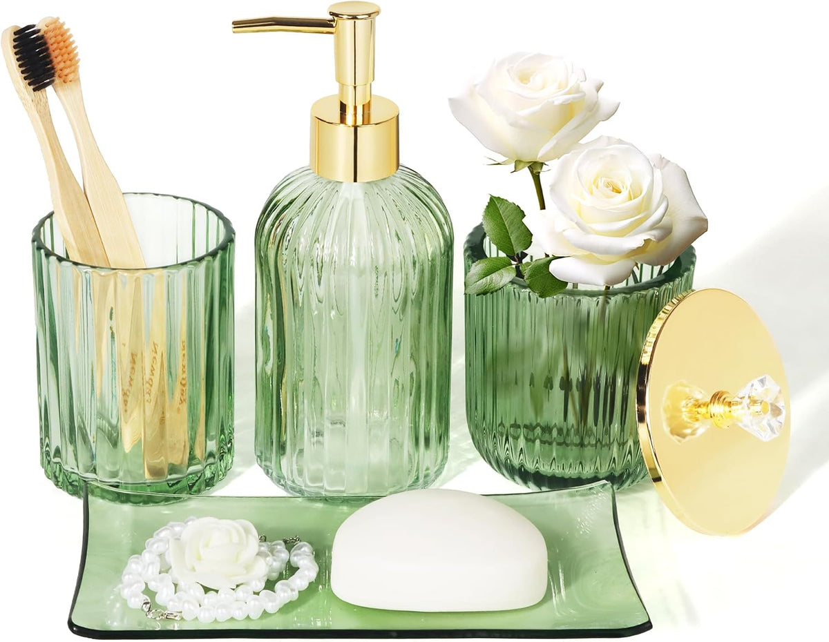 Designer Green Glass Bathroom Accessories Sets - 4 Pcs with Lotion Soap Dispenser, Bathroom Toothbrush Holder, Vanity Tray, and Apothecary Jar, Vintage Bathroom Decor