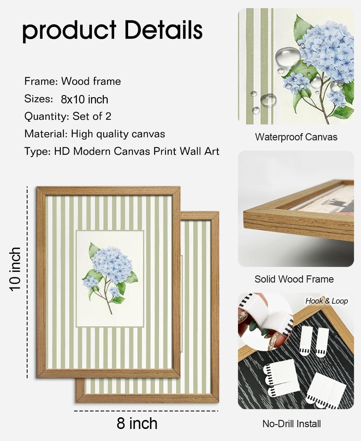 Framed Blue Hydrangea Wall Art Set of 2, Small Floral Pictures, 8x10 Inch