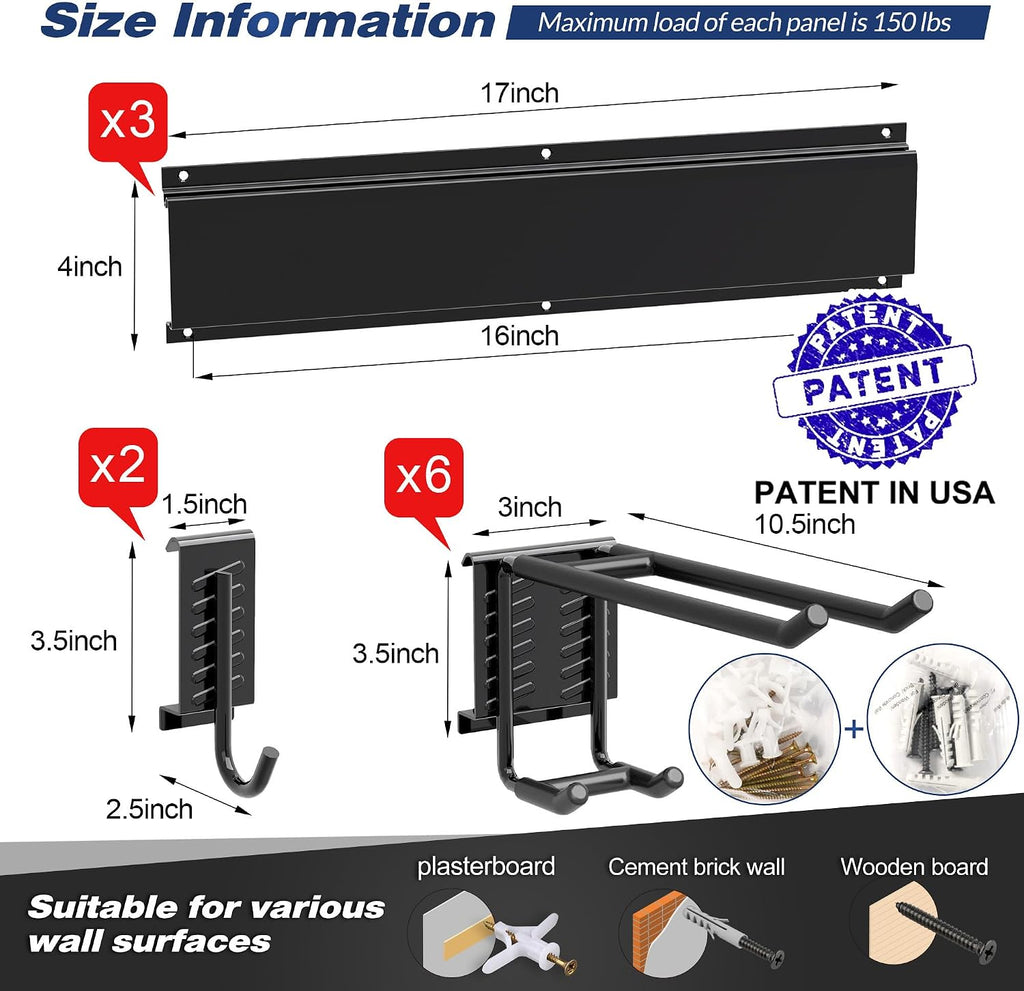 Garage Wall Organizer, Heavy Duty Tool Hangers for Garage Wall with 8 Double Hooks & 3 Rails, Tool Organizer Wall Mount, Garage Hanging Storage Rack for Shovel, Rake, Broom and Ski Gear
